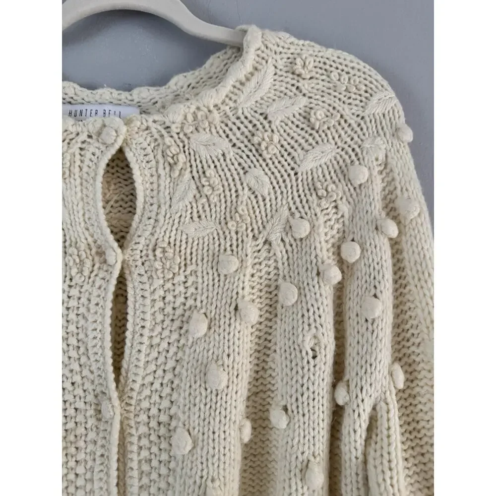 Hunter Bell Cream Pom Pom Chunky Knit Cardigan Sweater Women’s Size Large Wool - Picture 3 of 6